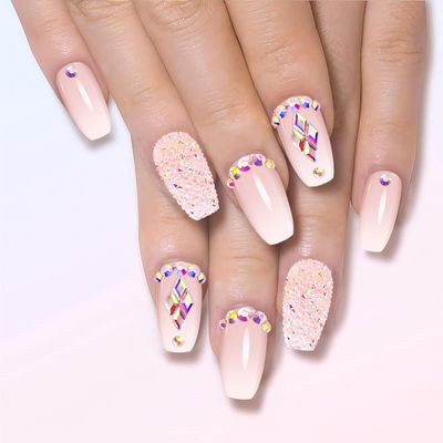 Leuhiove Coffin Press on Nails medium Pink Fake Nails with Colorful Rhinestones Glitter Powder Designs Square False Nails Acrylic Glue on Nails Bling Artificial NailS for Women and Girls 24 Pcs