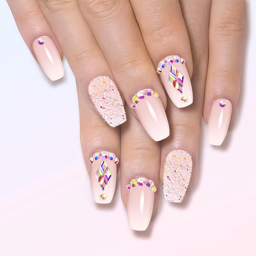 Leuhiove Coffin Press on Nails medium Pink Fake Nails with Colorful Rhinestones Glitter Powder Designs Square False Nails Acrylic Glue on Nails Bling Artificial NailS for Women and Girls 24 Pcs