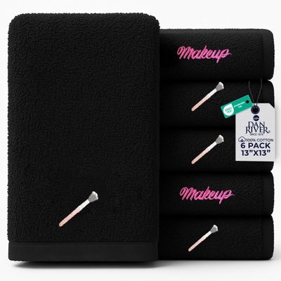 DAN RIVER Black Makeup Towels - Pack of 6 (13x13 in) - Ultra Soft Cotton Face Towels with Embroidery - Reusable, Quick-Dry & Machine Washable Makeup Remover Cloths for Bathroom, Spa & Salon