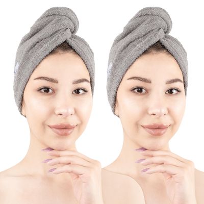 American Soft Linen 100% Cotton Hair Towels for Women, Head Towel Cap, Cotton Hair Turban Towel Wrap for Long Curly Anti Frizz Hair, Soft and Absorbent Cotton Hair Towels 2 Pack, Light Gray