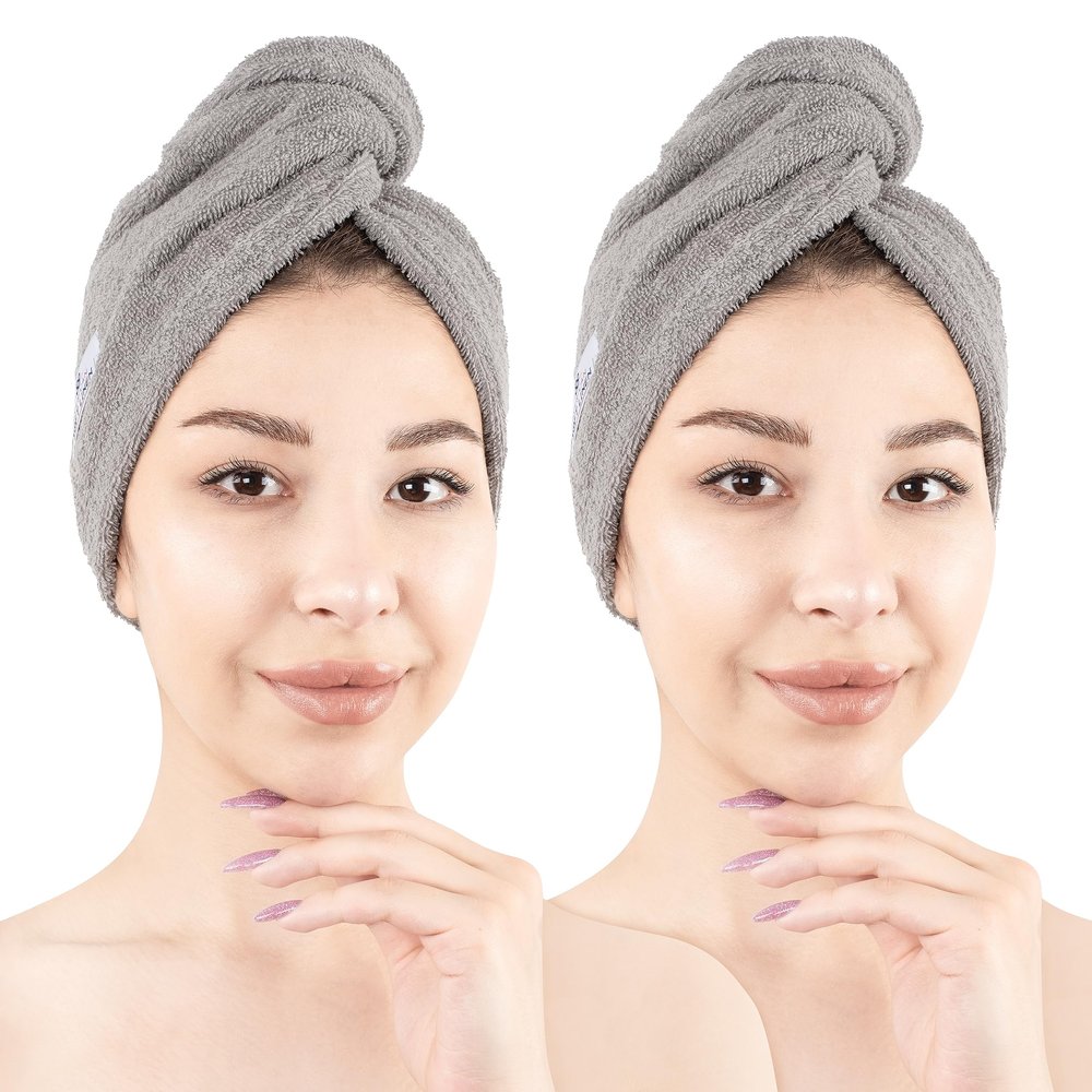 American Soft Linen 100% Cotton Hair Towels for Women, Head Towel Cap, Cotton Hair Turban Towel Wrap for Long Curly Anti Frizz Hair, Soft and Absorbent Cotton Hair Towels 2 Pack, Light Gray