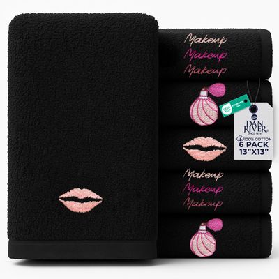 DAN RIVER Black Makeup Washcloths - Pack of 6 (13x13 in) - Ultra Soft Cotton Face Towels with Embroidery - Reusable, Quick-Dry & Machine Washable Makeup Remover Cloths for Bathroom, Spa & Salon