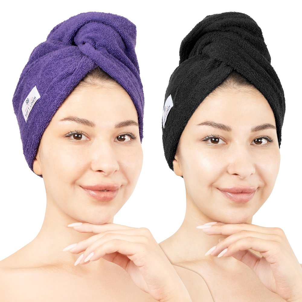 American Soft Linen 100% Cotton Hair Towels for Women, Head Towel Cap, Cotton Hair Turban Towel Wrap for Long Curly Anti Frizz Hair, Soft and Absorbent Cotton Hair Towels 2 Pack, Purple-Black