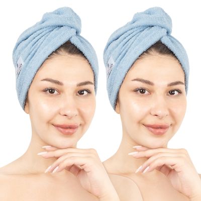 American Soft Linen 100% Cotton Hair Towels for Women, Head Towel Cap, Cotton Hair Turban Towel Wrap for Long Curly Anti Frizz Hair, Soft and Absorbent Cotton Hair Towels 2 Pack, Sky Blue