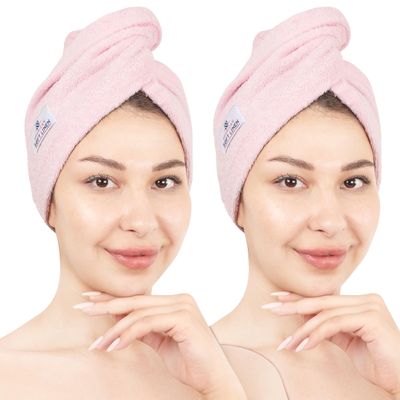 American Soft Linen 100% Cotton Hair Towels for Women, Head Towel Cap, Cotton Hair Turban Towel Wrap for Long Curly Anti Frizz Hair, Soft and Absorbent Cotton Hair Towels 2 Pack, Pink