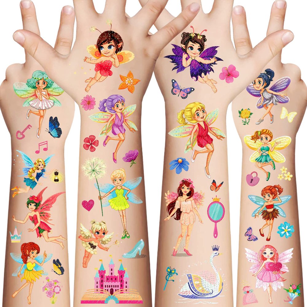 Awinmay Fairy Temporary Tattoos for Kids - 145 Pieces Glitter styles body Face Makeup Fake Tattoos for Girls,Birthday Party Tattoos Stickers Supplies,Holiday Party Favors Gifts Goodie Bag 10 Sheet