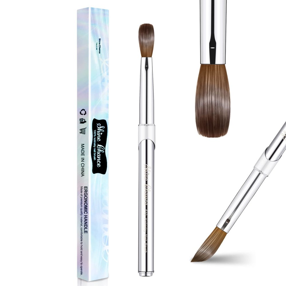 Shine Chance Acrylic Nail Art Brush Size 10, 100% Pure Kolinsky Hair Oval Nail Brush for Acrylic Application, Professional Nail Extension Manicure Tool Striping Nail Drawing Pen for DIY Home Salon