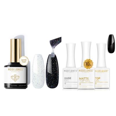 modelones Iridescent Silver Mix Glitter Gel Top Coat & 3 Pcs No Wipe Gel Top and Base Coat