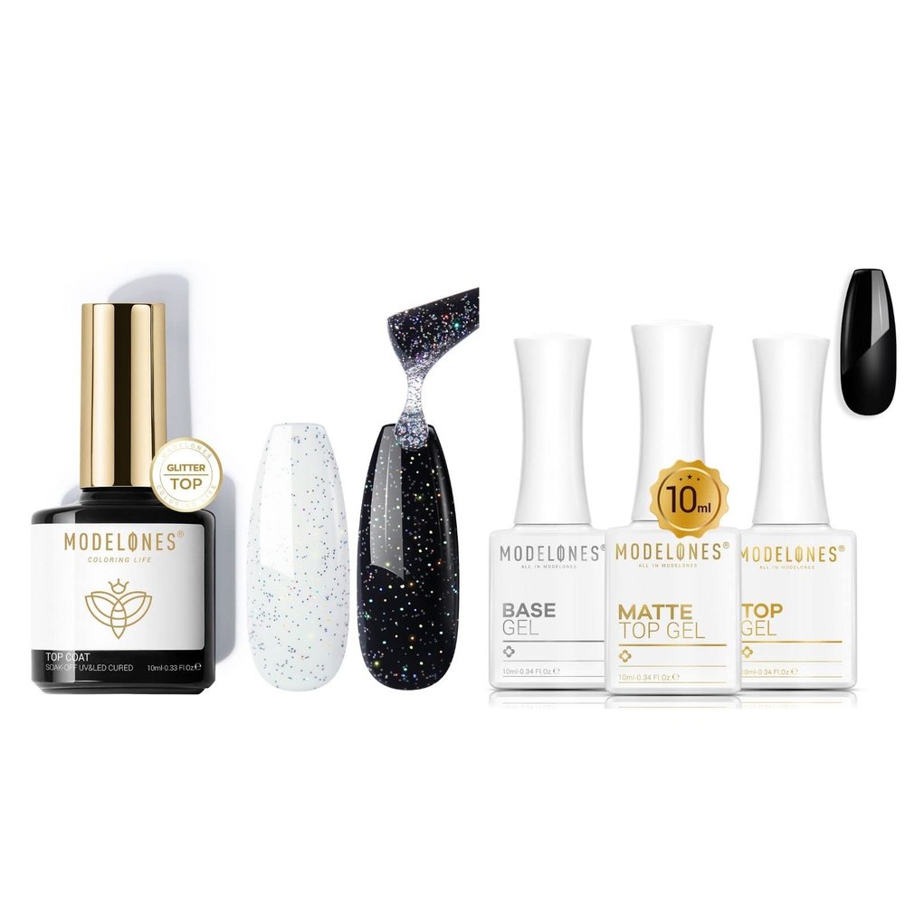 modelones Iridescent Silver Mix Glitter Gel Top Coat & 3 Pcs No Wipe Gel Top and Base Coat