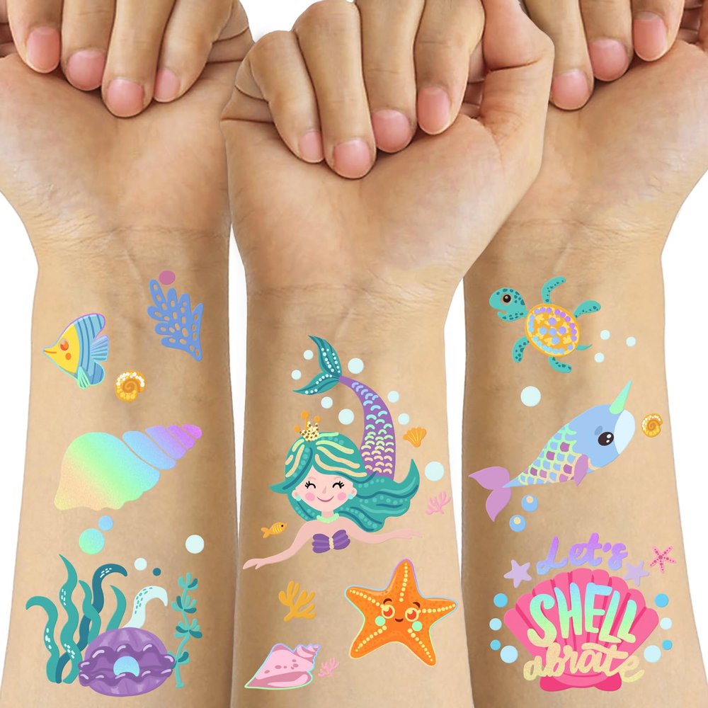 Temporary Tattoos Mermaid for Kids, 80+ Metallic Foil Style Bronzing Fake Tattoos, 4 Sheets Glitter Tattoos, Birthday Party Supplies, Easter Present, Ocean Animal Stickers for Boy and Girls
