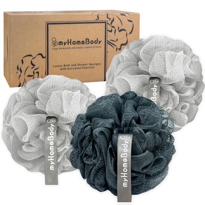 myHomeBody 60g Loofah Sponge, Body Scrubber, Bath Sponge, Loofah for Women, Men, Exfoliating Sponge Shower Pouf with Activated Charcoal - 2 Fog Gray + 1 Midnight Blue, 3 Pack