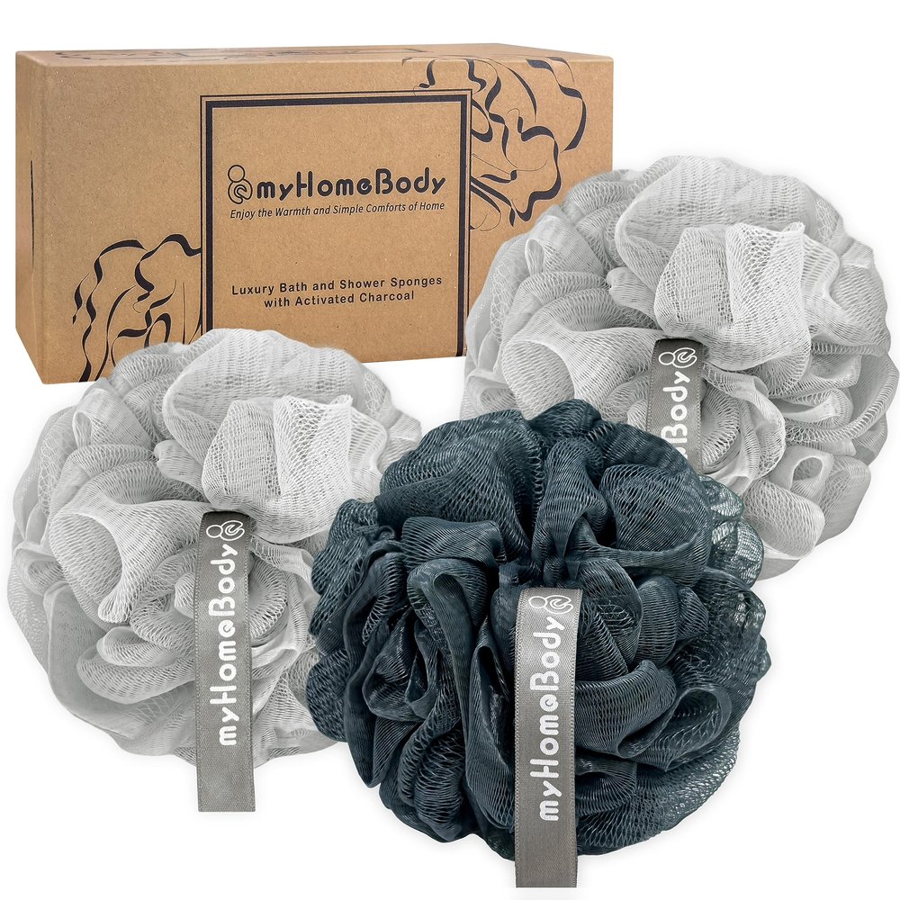 myHomeBody 60g Loofah Sponge, Body Scrubber, Bath Sponge, Loofah for Women, Men, Exfoliating Sponge Shower Pouf with Activated Charcoal - 2 Fog Gray + 1 Midnight Blue, 3 Pack