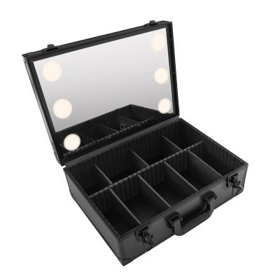 LENJKYYO Makeup Train Case, Cosmetic Organizer Box w/Lights & Mirror, Handheld & Portable Black Makeup Case, Makeup Artist Organizer Kit (Large)
