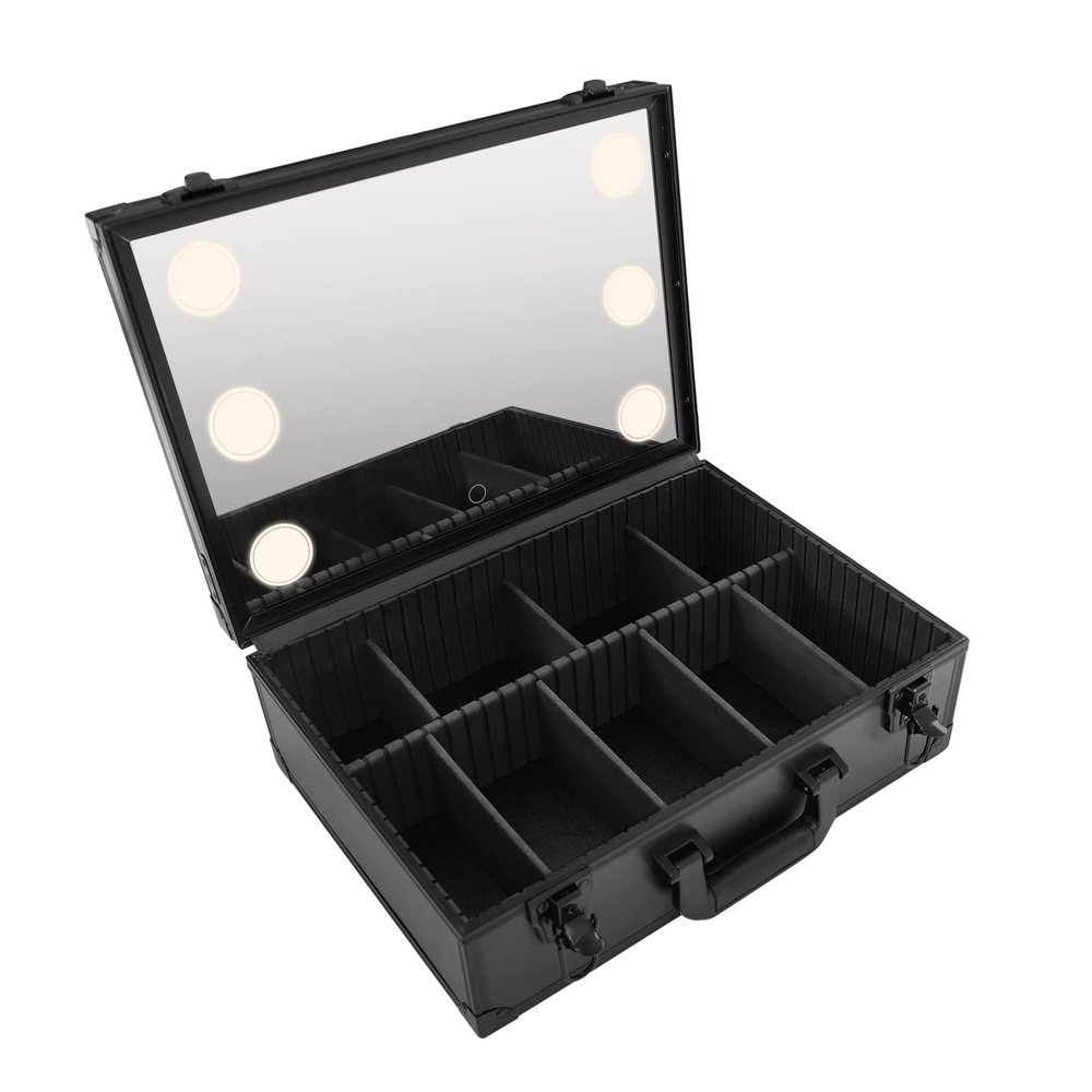 LENJKYYO Makeup Train Case, Cosmetic Organizer Box w/Lights & Mirror, Handheld & Portable Black Makeup Case, Makeup Artist Organizer Kit (Large)