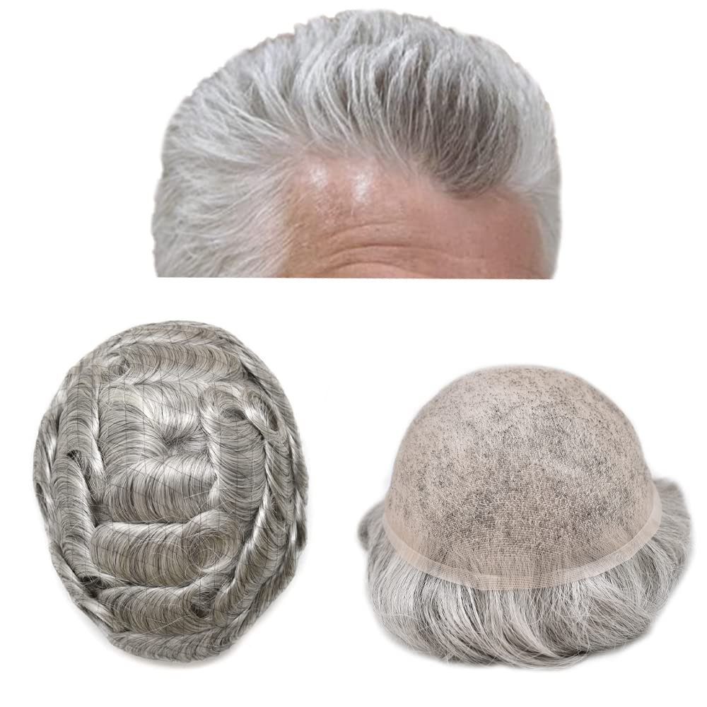 toupee for men hair piece replacement human hair system for men man hair units natural hairline full french lace mens wigs(7"X9", #1B80 Off Black+80% Gray-100% Light to Med-Light)