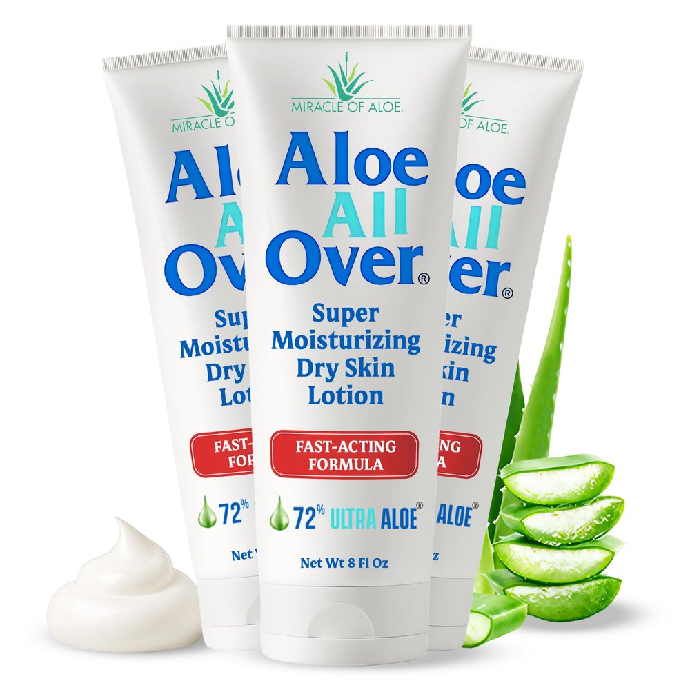 Aloe All Over Super Moisturizing Dry Skin Lotion, 3-Pack, 8 oz, 72% Aloe Vera Gel. Safe for Everyone, Ends Flaking and Restores Dry Skin Fast