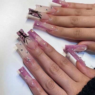 24pcs Dollars Ballerina Flash Diamond Crystal Long Glossy Coffin Flash Fake Nails Press on Nail False Tips Manicure for Women and Girls (Pink)