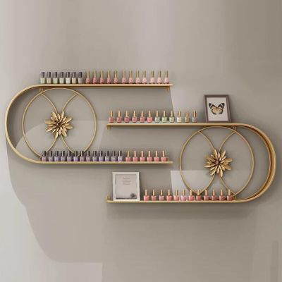 QQXX Metal Nail Polish Bottles Display Organizer,U-Shaped Wall Mounted Holder,Salon Beauty Retail Store Perfume Essential Oil Shelf,Multifunctional Hanging Nail Polish Display Rack(2-Piece Set, Gold)