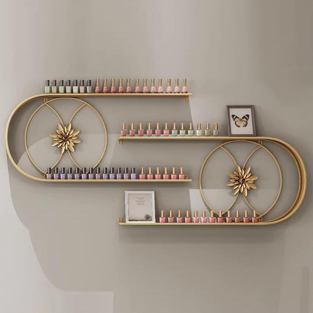 QQXX Metal Nail Polish Bottles Display Organizer,U-Shaped Wall Mounted Holder,Salon Beauty Retail Store Perfume Essential Oil Shelf,Multifunctional Hanging Nail Polish Display Rack(2-Piece Set, Gold)