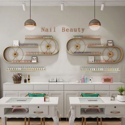QQXX Metal Nail Polish Bottles Display Organizer,U-Shaped Wall Mounted Holder,Salon Beauty Retail Store Perfume Essential Oil Shelf,Multifunctional Hanging Nail Polish Display Rack(6-Piece Set, Gold)