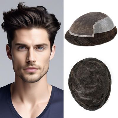 Toupee For Men Hair Pieces French Lace Mens Toupee Human Hair Replacment System For Men Front Blached Knot Mens Hairpiece 7x9Light to medium density 2# DARKEST BROWN