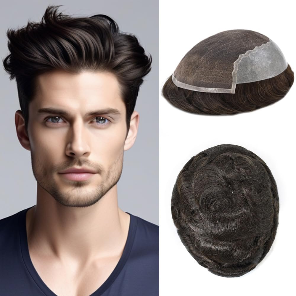 Toupee For Men Hair Pieces French Lace Mens Toupee Human Hair Replacment System For Men Front Blached Knot Mens Hairpiece 7x9Light to medium density 2# DARKEST BROWN
