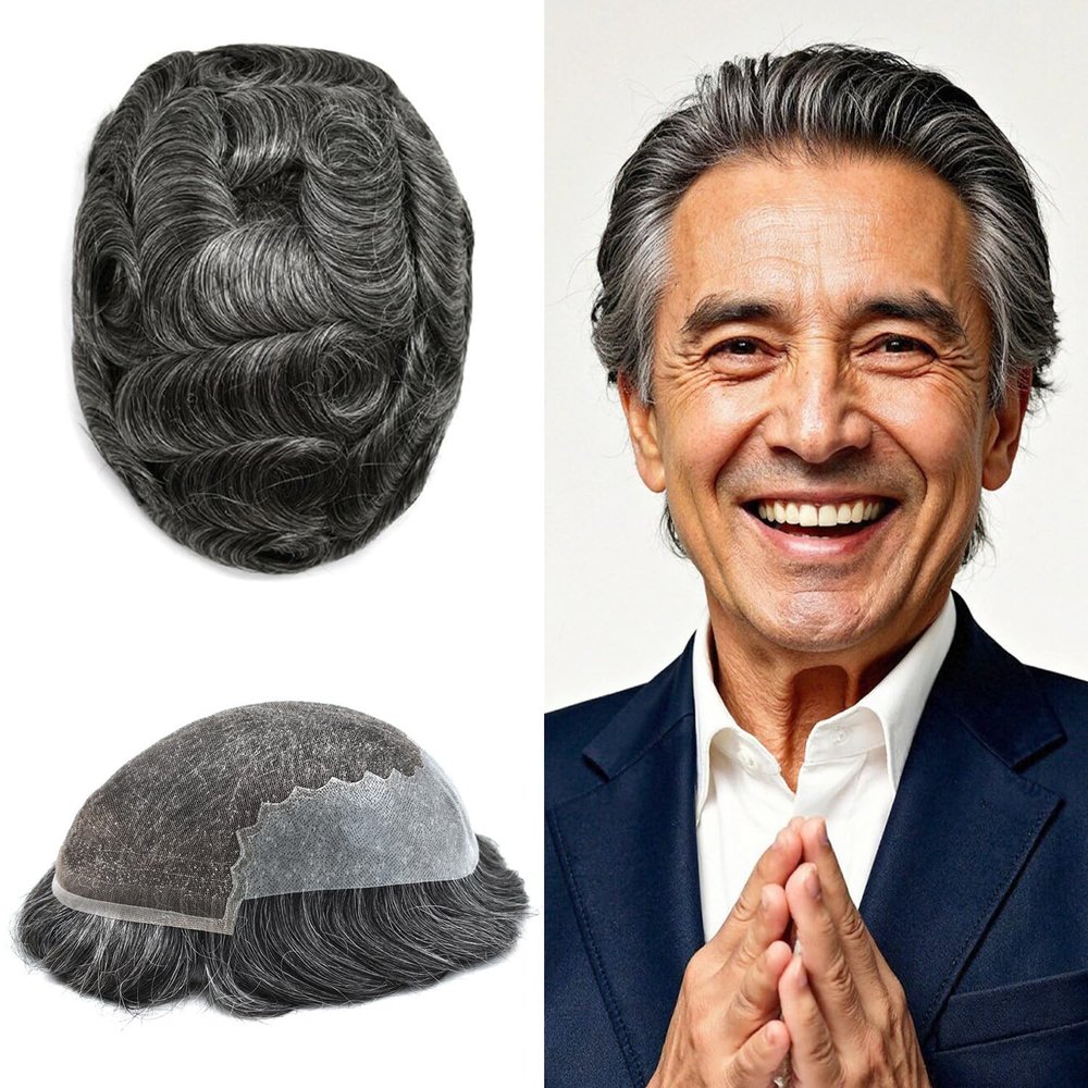Toupee For Men Hair Pieces French Lace Mens Toupee Human Hair Replacment System Front Blached Knot Hair Piece For Men 5x7Medium light density#1B50 1B# OFF BLACK+ 50% GREY