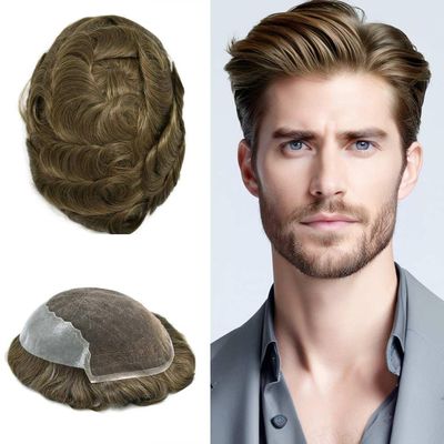Toupee For Men Hair Pieces French Lace Human Hair Replacment System For Mens Toupee Front Blached Knot Hair Piece For Men Protesis Capilar Para Hombre 6x8Medium light density7# VERY LIGHT BROWN
