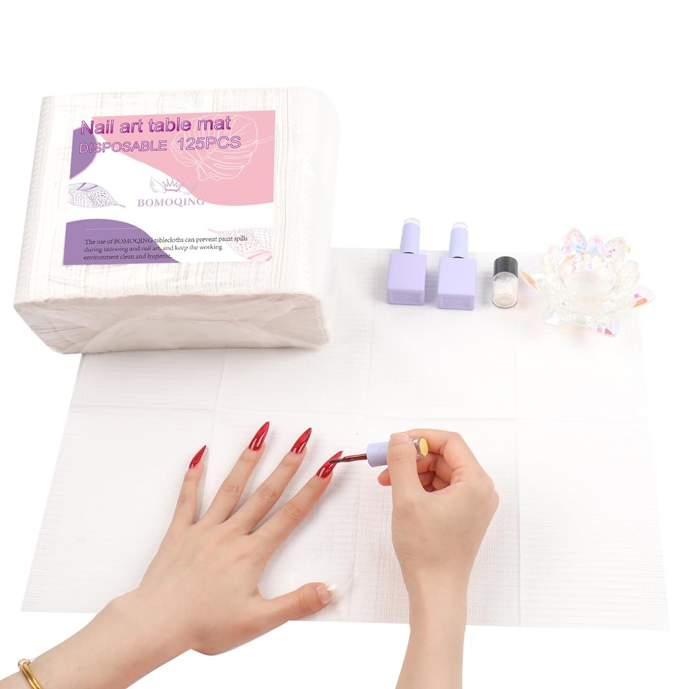 BOMOQING 125PCS Disposable Nail Art Table Mat, Waterproof Nail Tips Art Table Towels Mat, 3 Ply Nail Napkins for Acrylic, Nail Art Mat Paper Sheet, Nail Tips Art Waterproof Pad for Salon Manicure