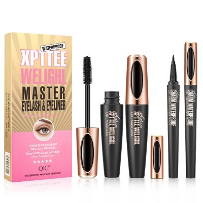 Joyeee 2 Pack Mascara Eyeliner Set, 4D Silk Fiber Eyelash Mascara and Liquid Eyeliner, Thicker Voluminous Eyelashes, Long-Lasting Waterproof Smudge-Proof Eyes Makeup Kit(05)