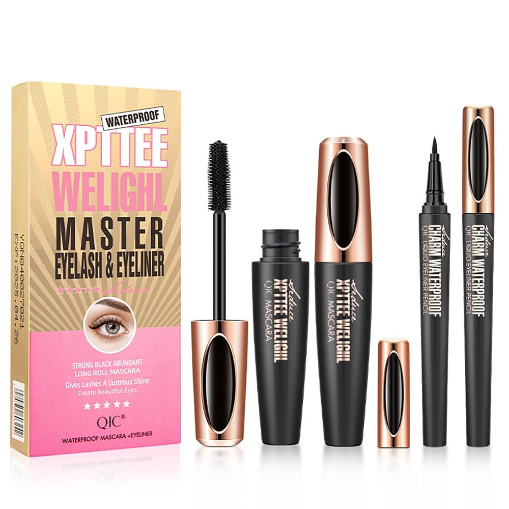 Joyeee 2 Pack Mascara Eyeliner Set, 4D Silk Fiber Eyelash Mascara and Liquid Eyeliner, Thicker Voluminous Eyelashes, Long-Lasting Waterproof Smudge-Proof Eyes Makeup Kit(05)