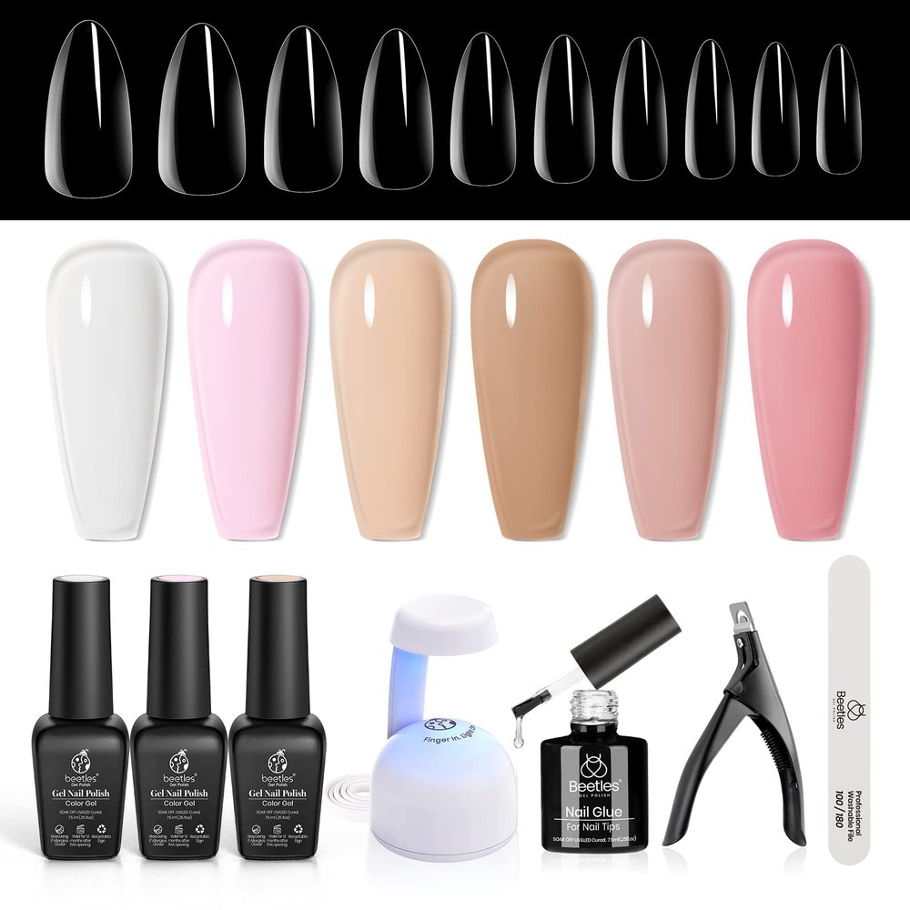 beetles Gel Polish Nail Set 6 Colors Ultimate Monochrome Collection Soak Off Uv with Nail Extension Kit 240 Pcs Gelly Tips Medium Almond Shape Clear 2 in 1 Glue Base Coat Uv Led Lamp Acrylic Clipper