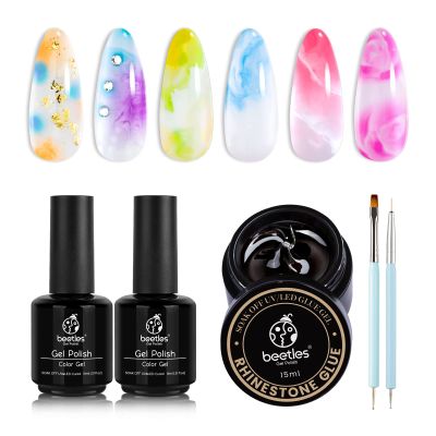Beetles Nail Blooming Gel 15ml Clear Uv Led Blossom Gel Polish Soak off Nail Art Design Manicure with Nail Art Rhinestone Glue Set with 2 Dual Purpose Brush Pen