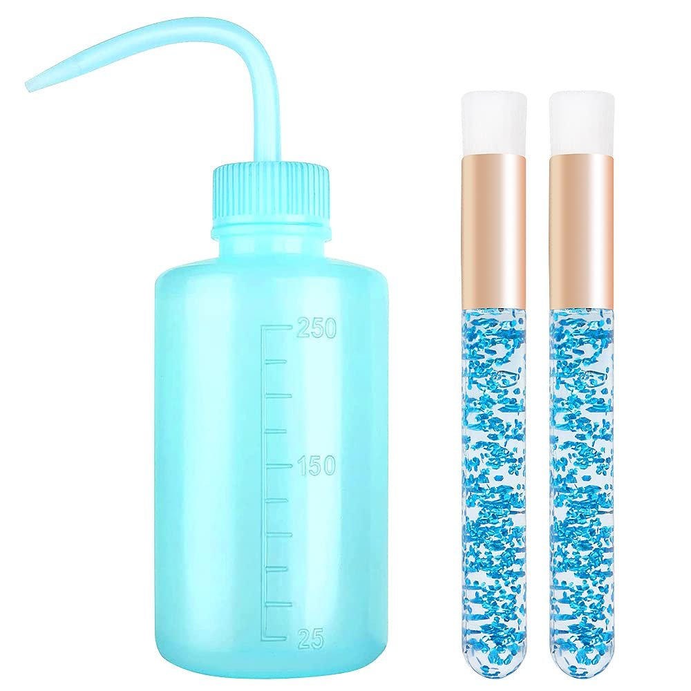 3 PCS Lash Shampoo Brush Sets with 1pcs 250 ML Plastic Satety Lash Tatoo Wash Bottles 2PCS Nose Blackhead Facial Cleaning Brush for Eyelash Extension Supplies (250ML blue bottle+crystal clean brush)