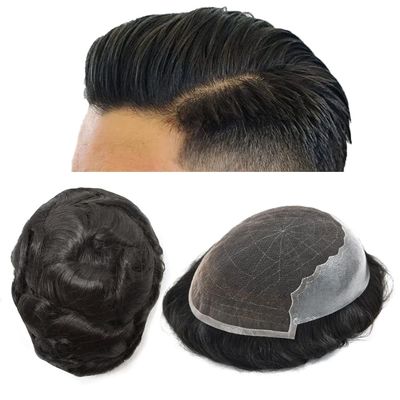 Toupee for Men Hairpiece Human Hair Replacement Systems French Lace Front Mens Toupee Bleached Knots Natural Hairline Swiss lace Hair Systems for Men Grey Black Brown Blone Male Wig Unit(7X9"-120% density#1 Jet Black )