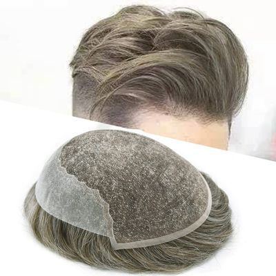 Toupee for Men Hairpiece Human Hair Replacement Systems French Lace Front Mens Toupee Bleached Knots Natural Hairline Swiss lace Hair Systems for Men Grey Black Brown Blone Male Wig Unit(7X9"-100% density#740 Very Light Brown with 40% Gray )