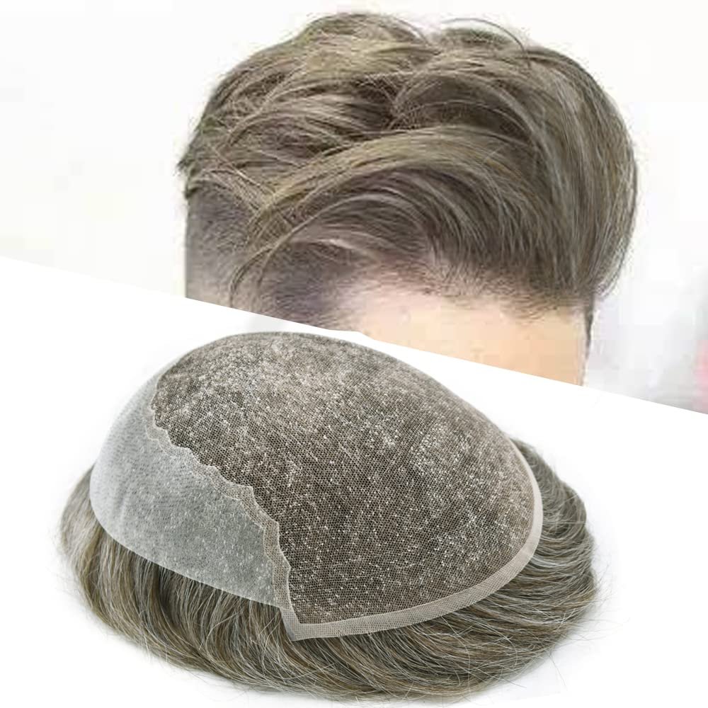 Toupee for Men Hairpiece Human Hair Replacement Systems French Lace Front Mens Toupee Bleached Knots Natural Hairline Swiss lace Hair Systems for Men Grey Black Brown Blone Male Wig Unit(7X9"-100% density#740 Very Light Brown with 40% Gray )