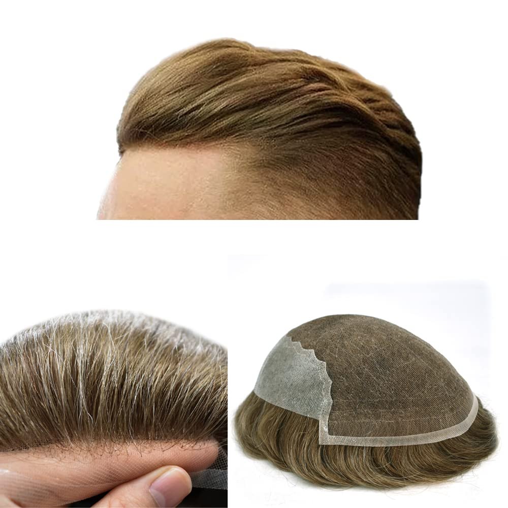 Toupee for Men Hairpiece Human Hair Replacement Systems French Lace Front Mens Toupee Bleached Knots Natural Hairline Swiss lace Hair Systems for Men Grey Black Brown Blone Male Wig Unit(8X10"-120% density#1720 Dark Ash Blonde with 20% Gray )