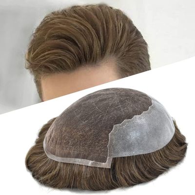 Toupee for Men Hairpiece Human Hair Replacement Systems French Lace Front Mens Toupee Bleached Knots Natural Hairline Swiss lace Hair Systems for Men Grey Black Brown Blone Male Wig Unit(8X10"-120% density#510 Medium Light Brown with 10% Gray )