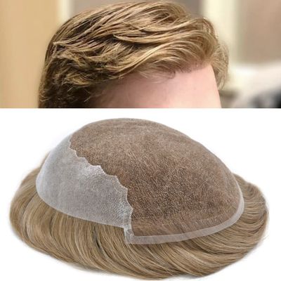 Toupee for Men Hairpiece Human Hair Replacement Systems French Lace Front Mens Toupee Bleached Knots Natural Hairline Swiss lace Hair Systems for Men Grey Black Brown Blone Male Wig Unit(8X10"-100% density#20 light ash blonde)