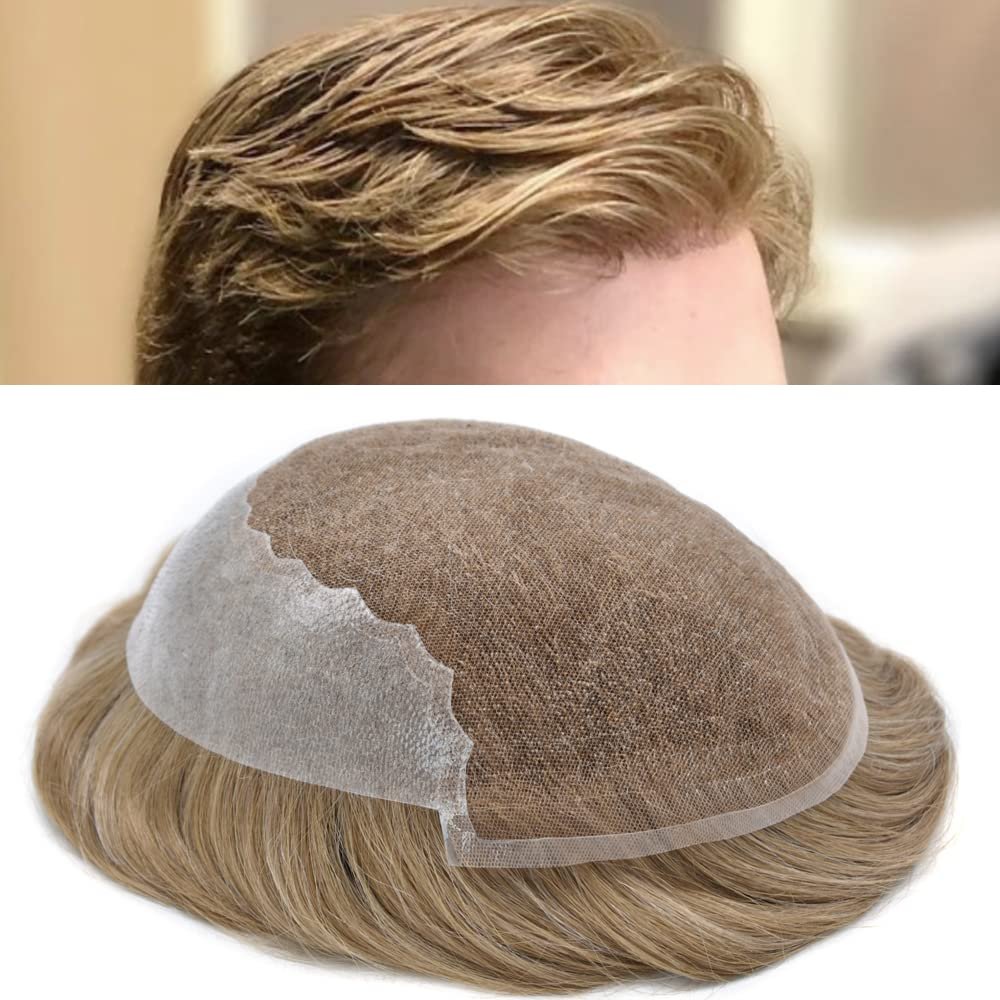Toupee for Men Hairpiece Human Hair Replacement Systems French Lace Front Mens Toupee Bleached Knots Natural Hairline Swiss lace Hair Systems for Men Grey Black Brown Blone Male Wig Unit(8X10"-100% density#20 light ash blonde)