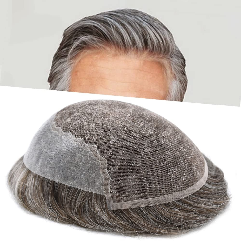 Toupee for Men Hairpiece Human Hair Replacement Systems French Lace Front Mens Toupee Bleached Knots Natural Hairline Swiss lace Hair Systems for Men Grey Black Brown Blone Male Wig Unit(8X10"-120% density#540 Medium Light Brown with 40% Gray )