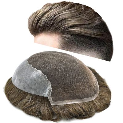 Toupee for Men Hairpiece Human Hair Replacement Systems French Lace Front Mens Toupee Bleached Knots Natural Hairline Swiss lace Hair Systems for Men Grey Black Brown Blone Male Wig Unit(8X10"-100% density#610 Light Brown with 10% Gray )