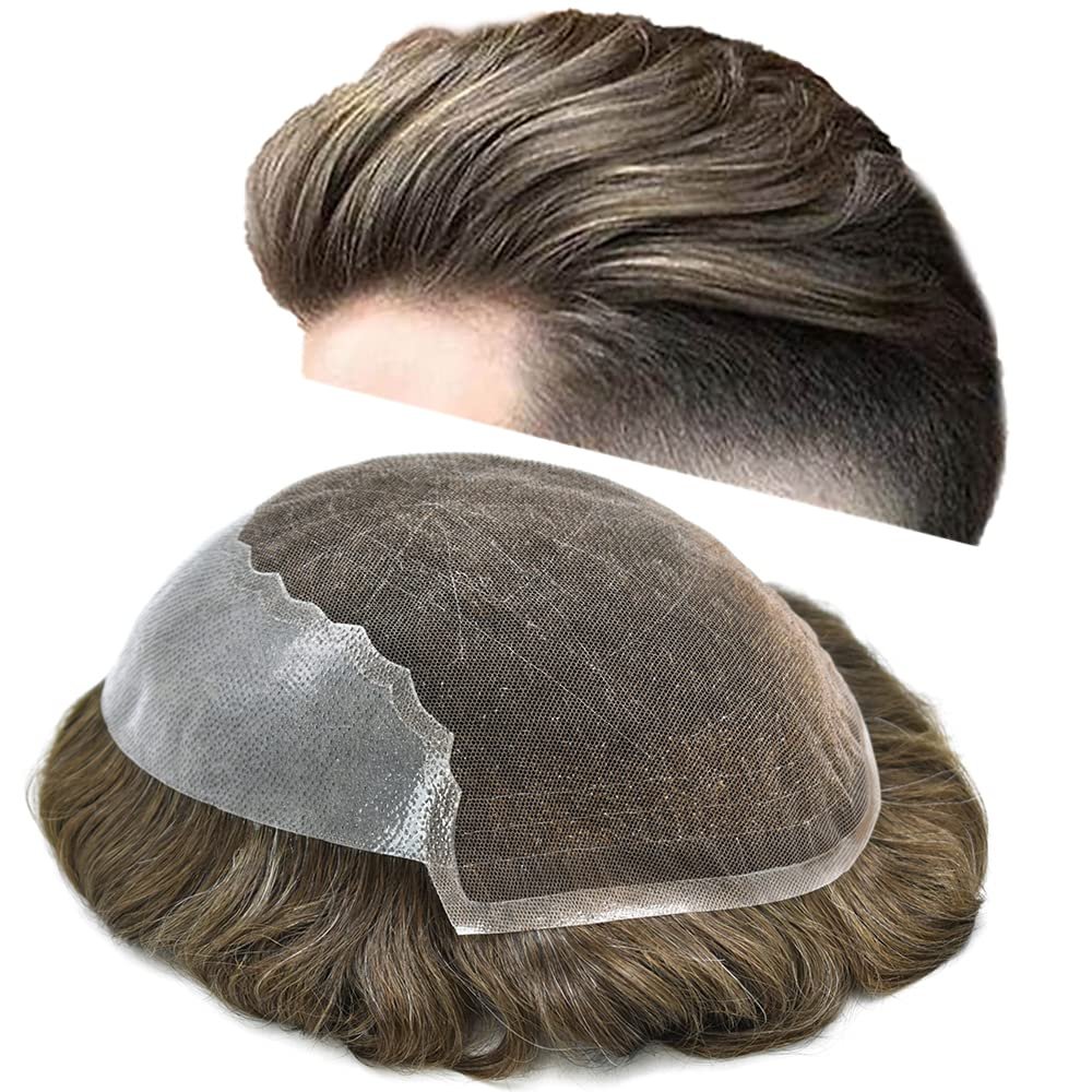 Toupee for Men Hairpiece Human Hair Replacement Systems French Lace Front Mens Toupee Bleached Knots Natural Hairline Swiss lace Hair Systems for Men Grey Black Brown Blone Male Wig Unit(8X10"-100% density#610 Light Brown with 10% Gray )