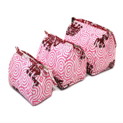 Set of 3 Pieces Toiletry Bag, Cotton Quilted Wash Bags, Toiletry Bags, Block Printed Floral Design Makeup Pouch Zipper Bag, Cosmetic Bag