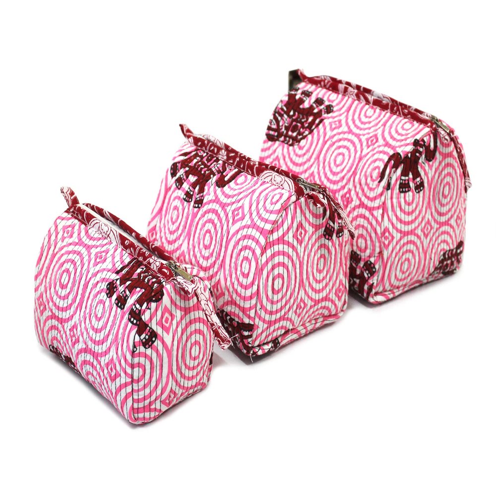 Set of 3 Pieces Toiletry Bag, Cotton Quilted Wash Bags, Toiletry Bags, Block Printed Floral Design Makeup Pouch Zipper Bag, Cosmetic Bag