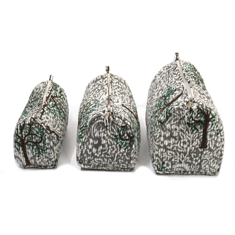 Beautiful Travel bag, Indian Set of 3 Pieces Cotton Handmade Floral Block Print Toiletry Bag Storage, Quilted Wash Bag, Cosmetic Organizer