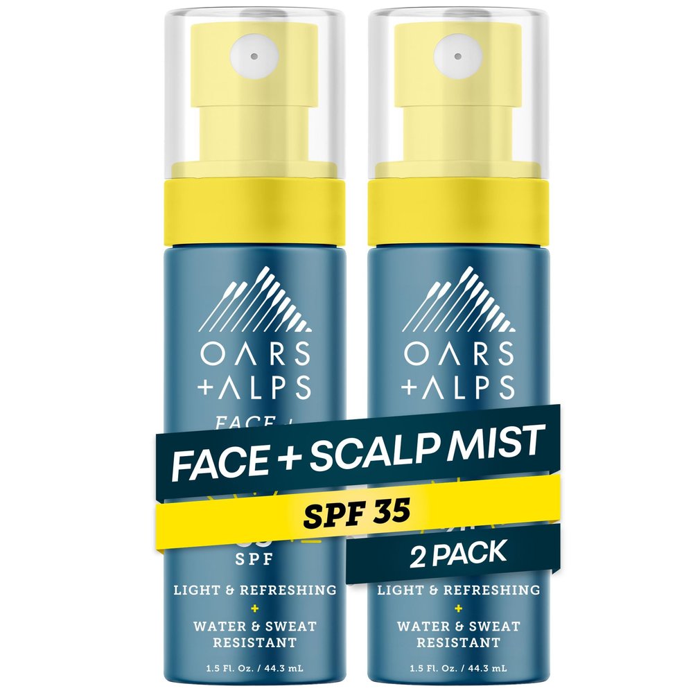 Oars + Alps Face & Scalp Sunscreen Spray Mist, SPF 35 Facial & Hair Sunscreen, Protects from Blue Light, Infused with Aloe Vera + Cucumber, Water & Sweat Resistant, Summer Splash Scent, 2pk