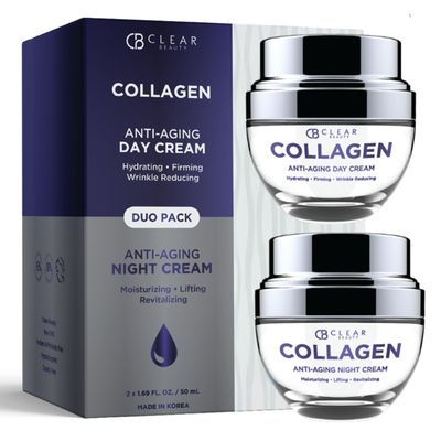 Clear Beauty Collagen Day/Night Moisturizer Set - Dermatologist Tested, Reduces Blemishes, Wrinkles & Fine Lines, Hydrating, Anti-Aging, Cruelty-Free Korean Skin Care, All Skin Types