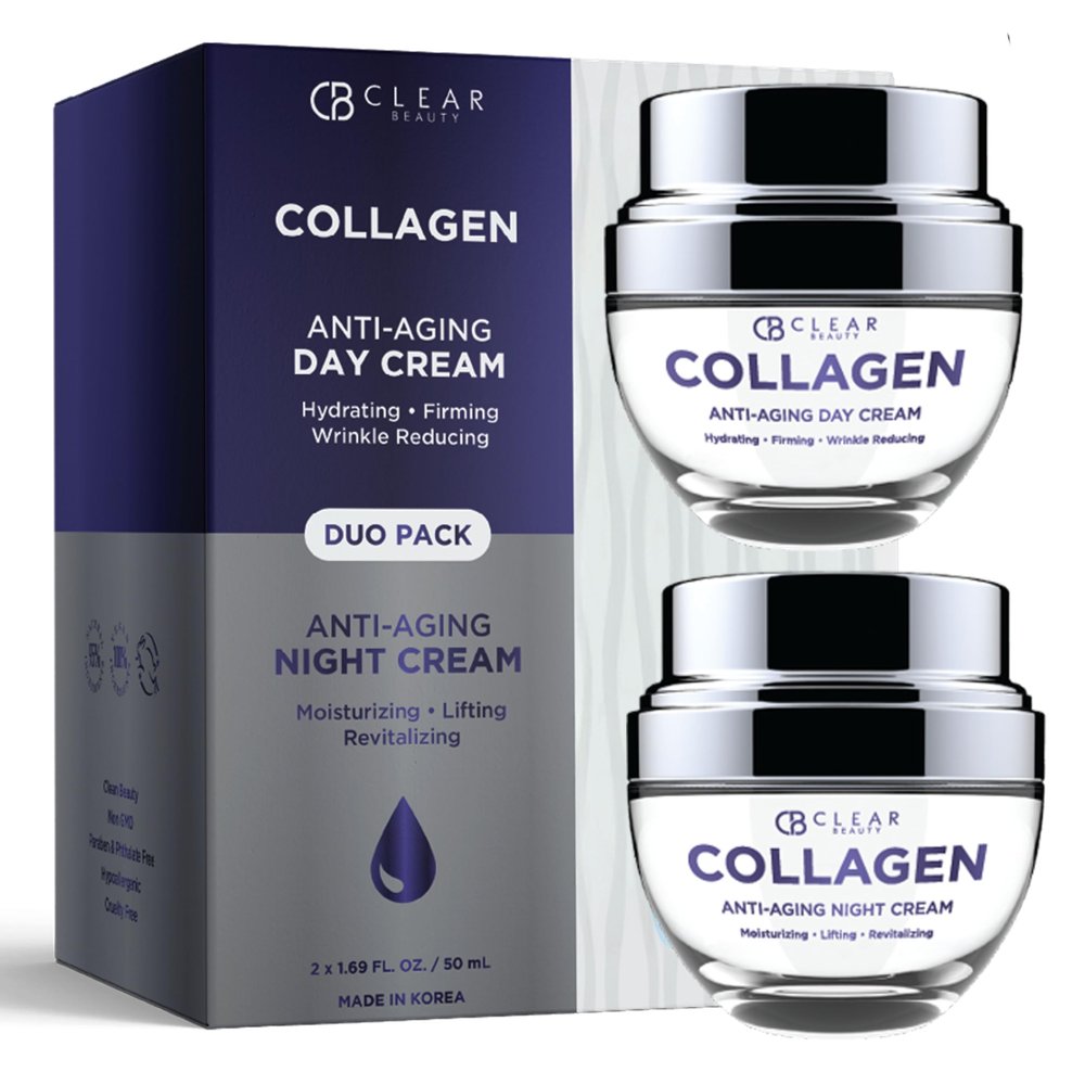 Clear Beauty Collagen Day/Night Moisturizer Set - Dermatologist Tested, Reduces Blemishes, Wrinkles & Fine Lines, Hydrating, Anti-Aging, Cruelty-Free Korean Skin Care, All Skin Types